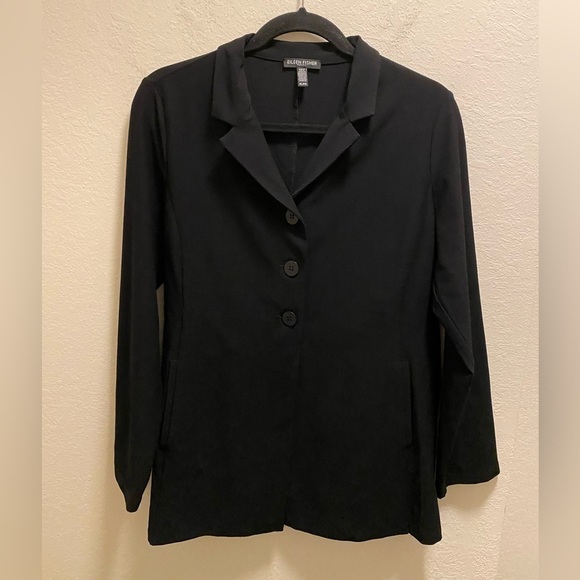 Eileen Fisher Black Stretch Three Button Long Sleeve Blazer Size Petite Large - Picture 2 of 10